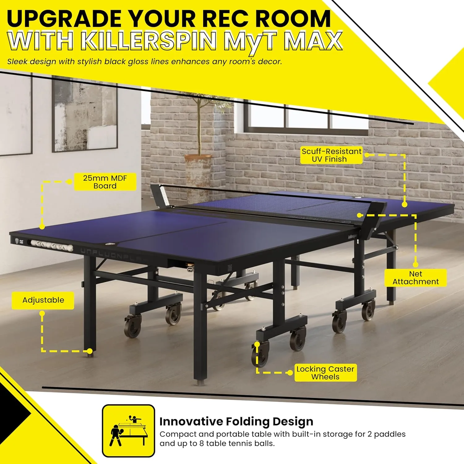 Killerspin MyT Max - Ping Pong Table, Foldable Table for Table Tennis, Portable Ping Pong Table Set with Built-in Paddle and Ball Storage, 25mm