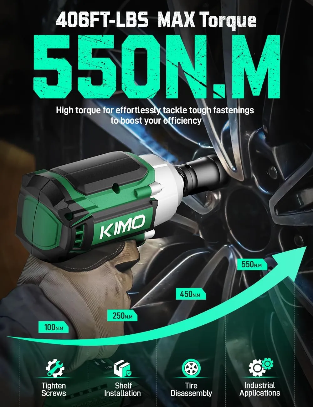 KIMO Impact Wrench 1/2 Cordless,550N.m/406ft-lbs Max Torque & 3000RPM, 2x20V 4.0Ah Battery, Impact Gun with 7 Drive Impact Sockets, 3 Inch Extension Bar, 1 Hour Fast Charger Impact Drill for Car Tires