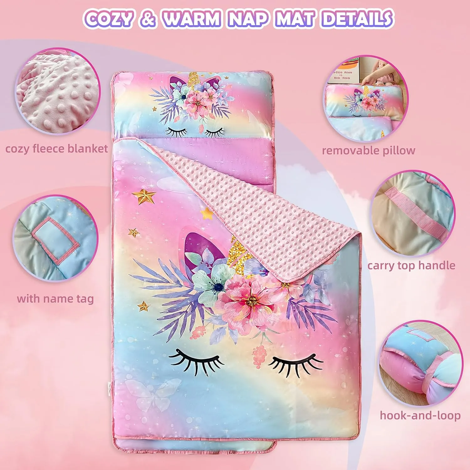 KINBEDY Rainbow Unicorn Toddler Nap Mat for Preschool Daycare Kindergarten Girls Floral Pink Kids Sleeping Mats Nap Time Pillow and Blanket Set Fleece Sleeping Bag Pad for Camping Travel