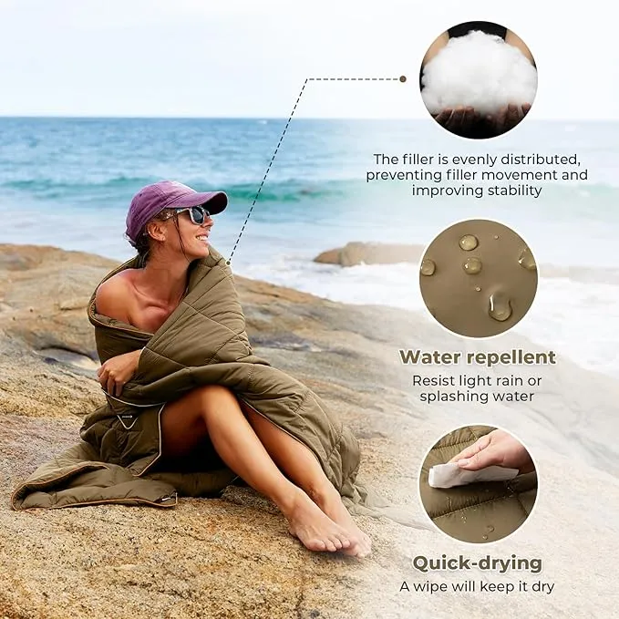 KingCamp Lightweight Camping Blanket - Multifunctional and Warm Quilt with Snap Button, Water Repellent, for Travel, Airplane, Hiking, Picnic