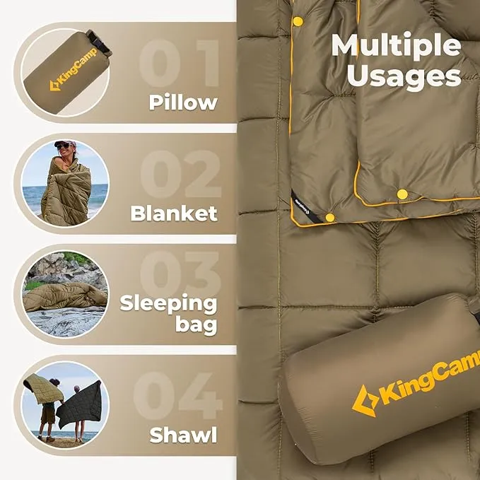 KingCamp Lightweight Camping Blanket - Multifunctional and Warm Quilt with Snap Button, Water Repellent, for Travel, Airplane, Hiking, Picnic