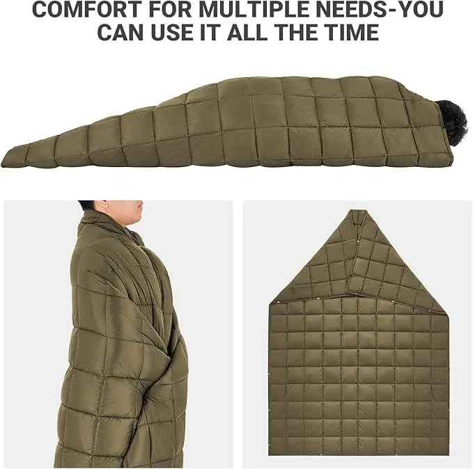 KingCamp Lightweight Camping Blanket, Multifunctional Wearable Warm Compact Water-Resistant Blanket for Cold Weather, Travel, Outdoor, Hiking, Backpacking, Stadium, 620 FP, Olive