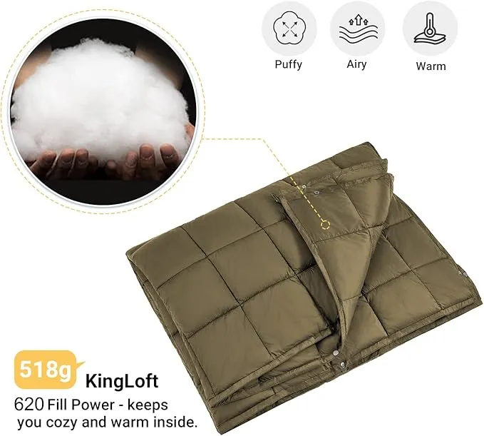 KingCamp Lightweight Camping Blanket, Multifunctional Wearable Warm Compact Water-Resistant Blanket for Cold Weather, Travel, Outdoor, Hiking, Backpacking, Stadium, 620 FP, Olive