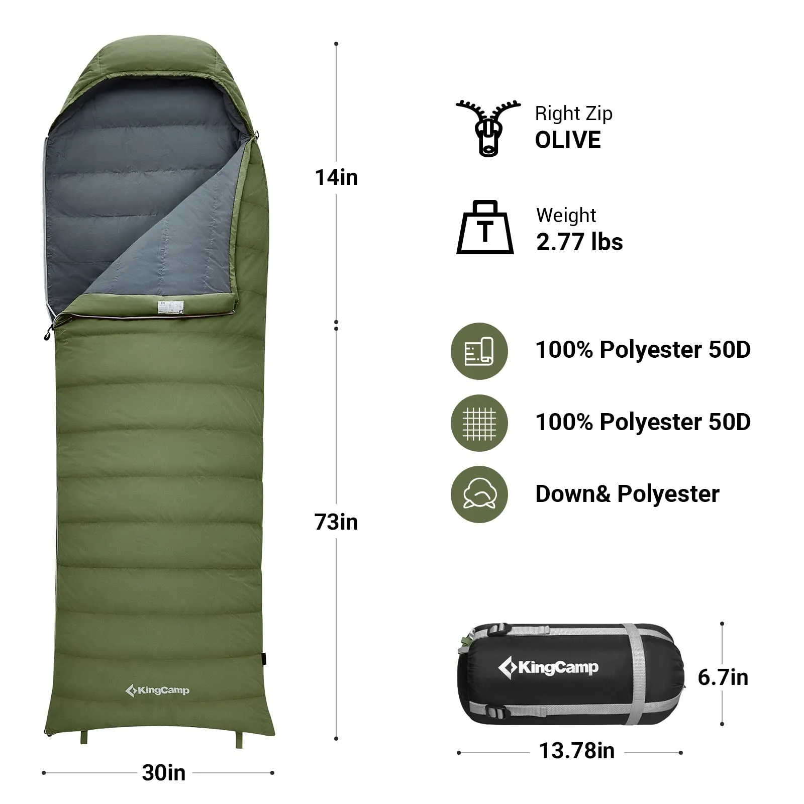 KingCamp Lightweight Down Sleeping Bag-Envelope With Hood