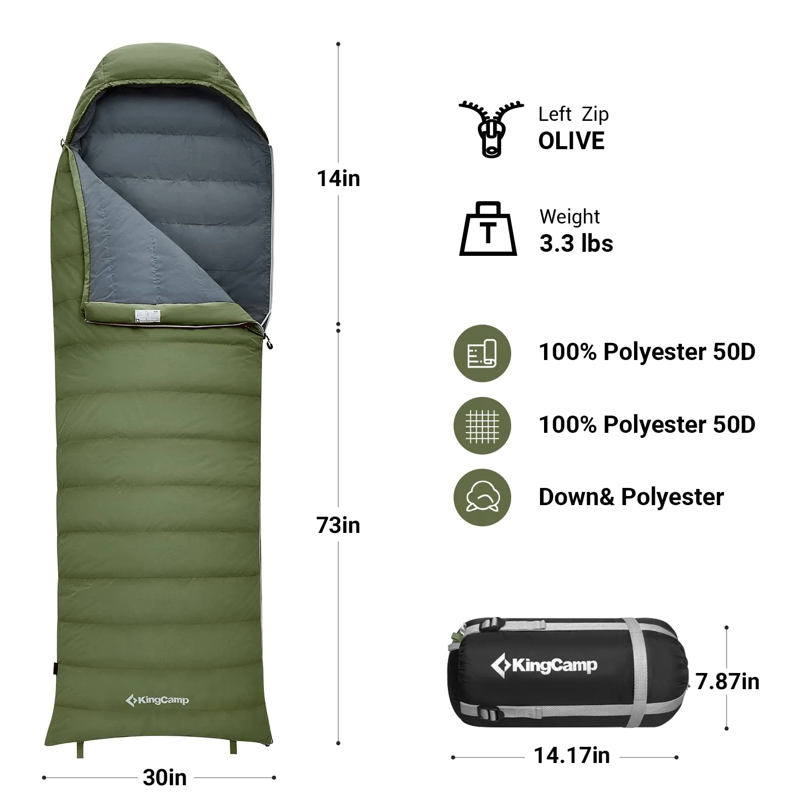 KingCamp Lightweight Down Sleeping Bag-Envelope With Hood