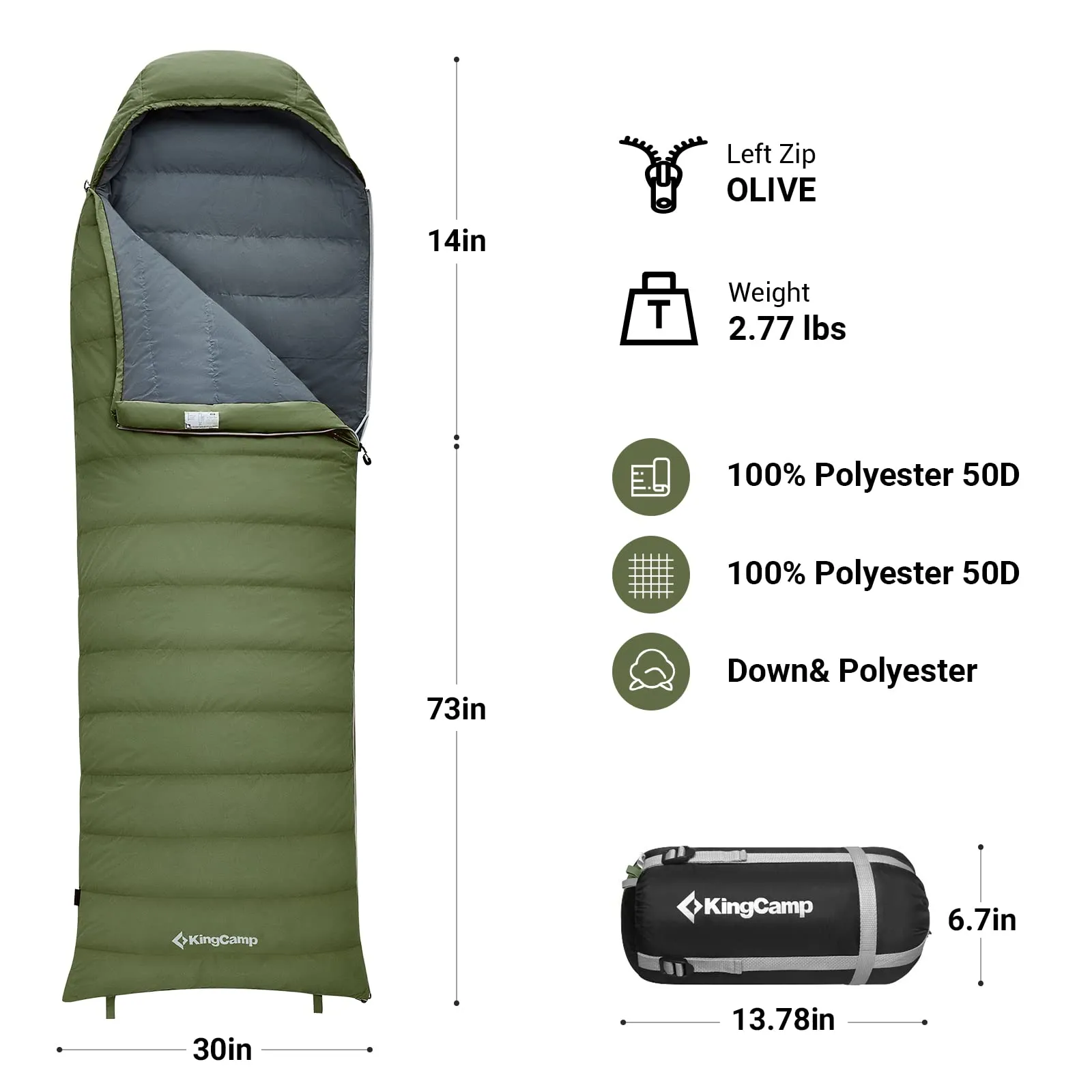KingCamp Lightweight Down Sleeping Bag-Envelope With Hood