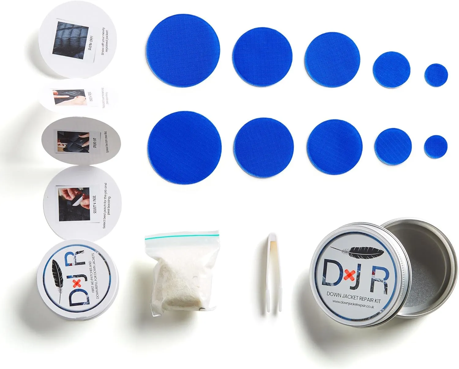 Kit-in-a-Tin - Repair Patches and Goose Down Top-Up for Down Jackets and Sleeping Bags