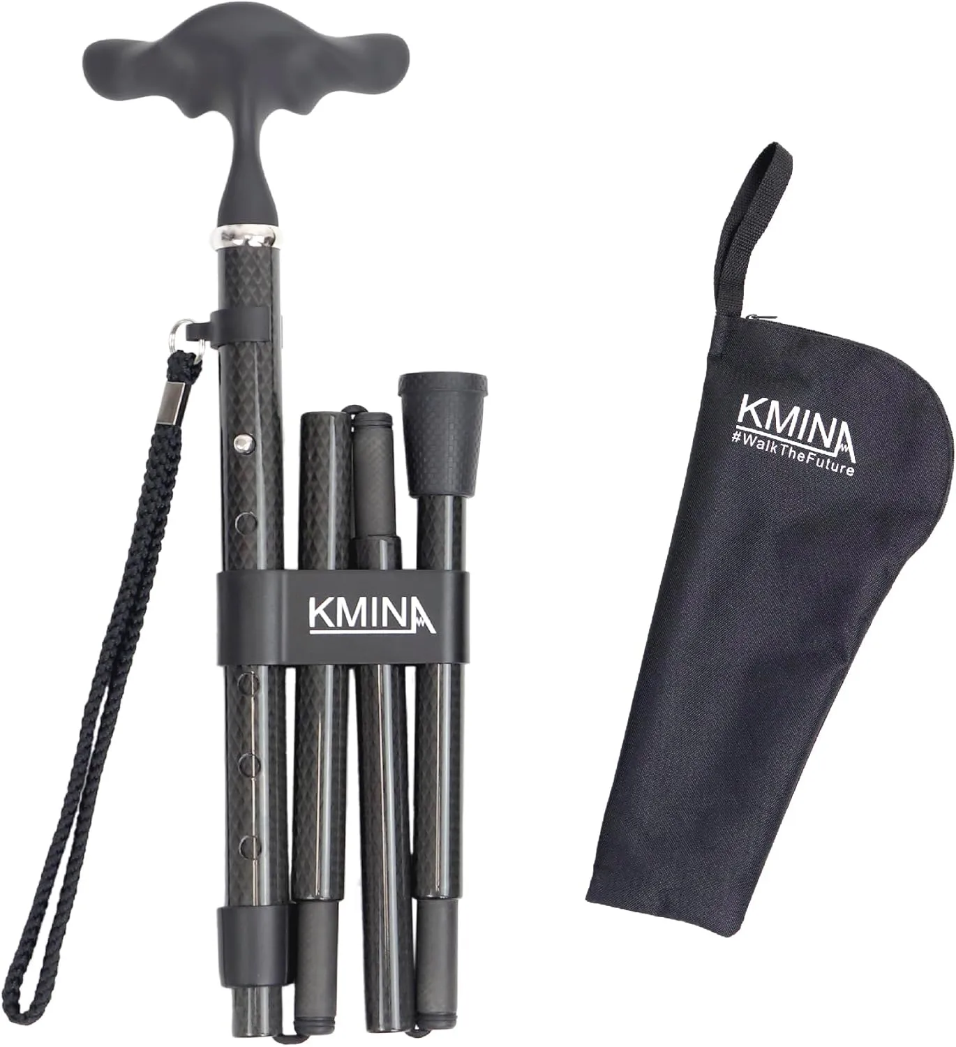 KMINA PRO - Ergonomic Folding Walking Cane, Lightweight Carbon Fibre, Women and Men, Compact and Portable