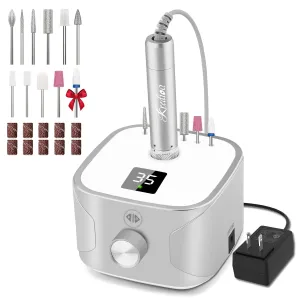 Kredioo Electric Nail Drill Professional For Salon Use 35000RPM Efile File Kit for Gel Nails Polish Remover with 11 Bits and Sanding Bands Build-in Bit Holder -Silver