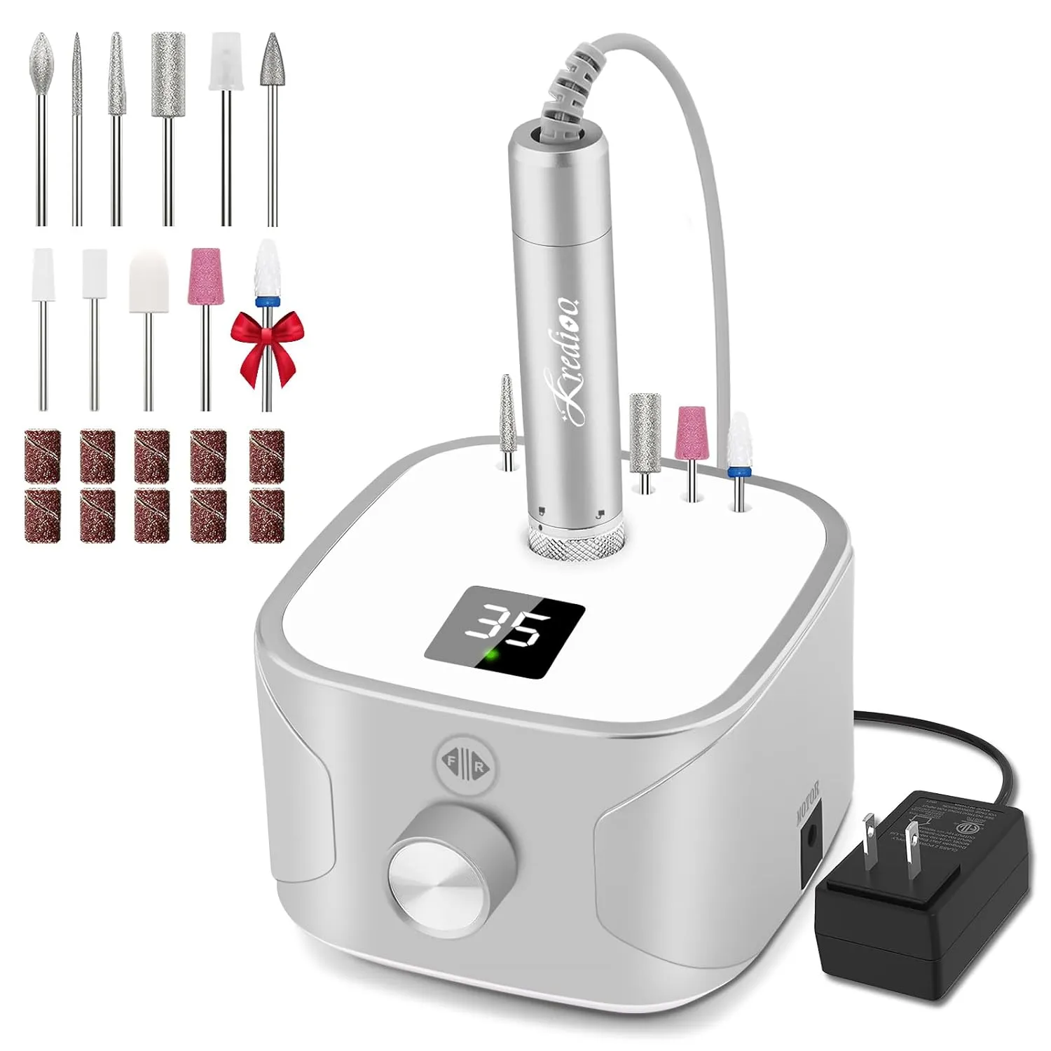 Kredioo Electric Nail Drill Professional For Salon Use 35000RPM Efile File Kit for Gel Nails Polish Remover with 11 Bits and Sanding Bands Build-in Bit Holder -Silver