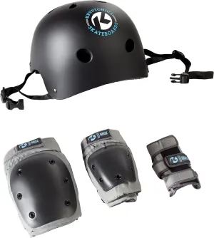 Kryptonics 4-in-1 Youth Protective Gear Set with Helmet – Complete Safety Kit for Skateboarding, Biking, and Rollerblading in Stylish Black – Ideal for Kids and Teens