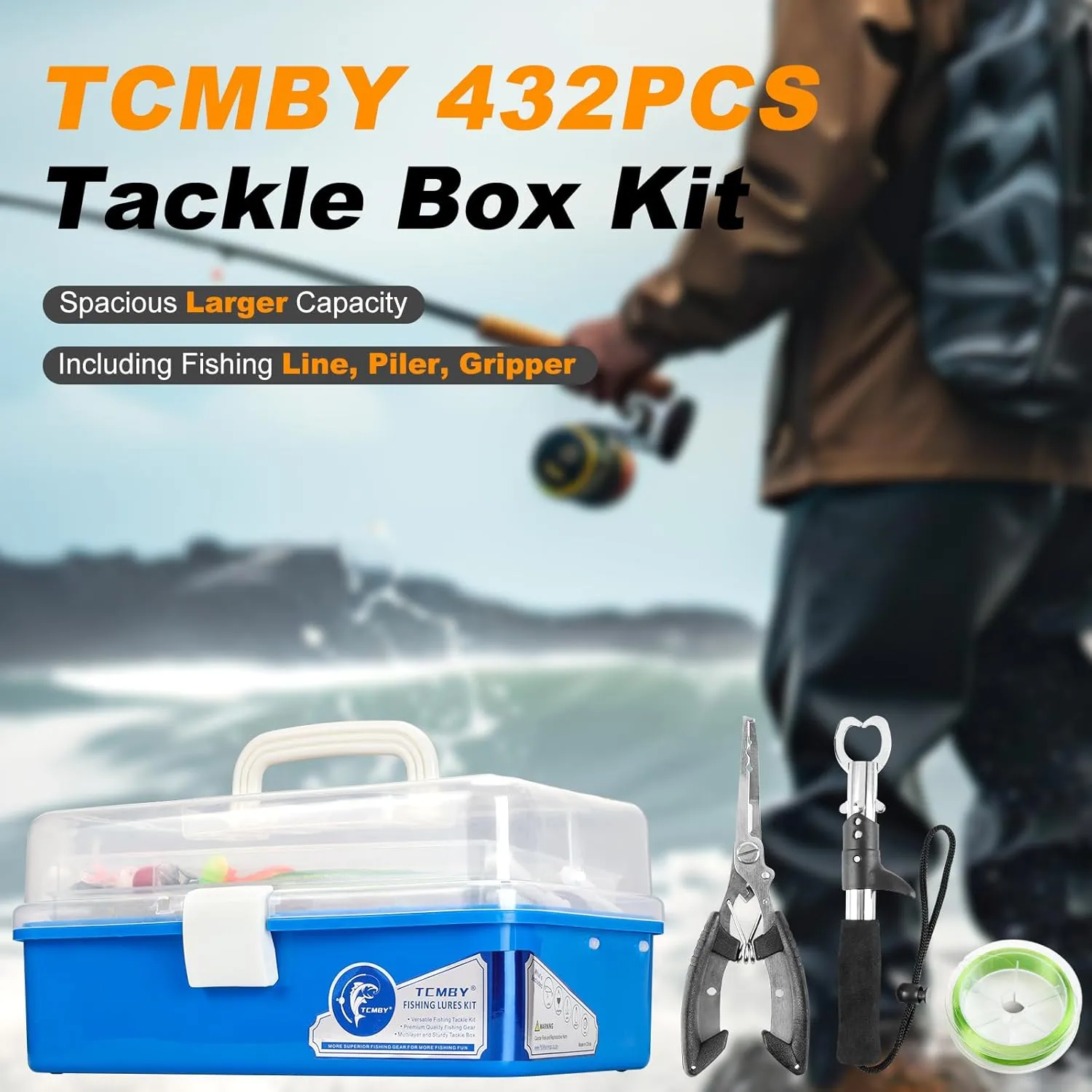 Large 3 Layers Tackle Box with Tackle Included, 432Pcs Fishing Lures Kit Contains Pliers, Crankbait, Hooks, Weights & Accessories, Fishing Gear Bait Lure Gifts for Men Bass Freshwater (Blue)