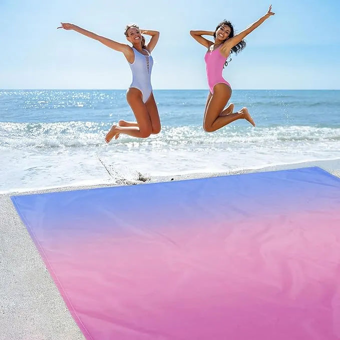 Large Beach Blanket Waterproof Sandproof, Blue Pink Gradient Weighted Polyester Picnic Blanket Windproof w/Stakes and Sand Pockets, Outdoor Camping Beach Mat Sand Free Fits 8 Adult for Travel, Hiking