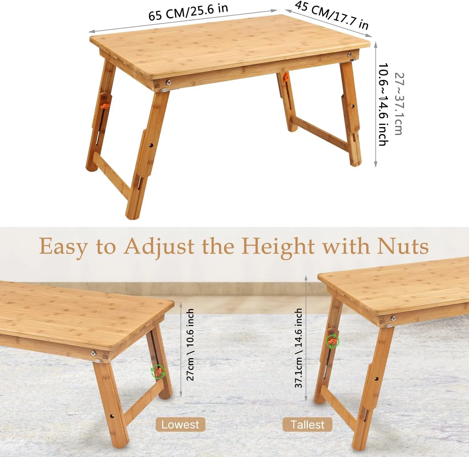 Large Size Laptop Tray Desk Nnewvante 25.6x17.7in Bamboo Floor Desk Low Table Bed Tray Table,Foldable Adjustable Study Writing Gaming Breakfast Serving Floor Table Support 18in Laptop w' 4 Leg Lock