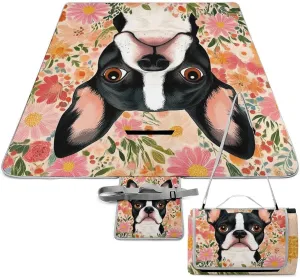 Large Waterproof Mat, Foldable Boston Terrier Floral Blanket for Beach Camping Grass Lawn Park Accessories