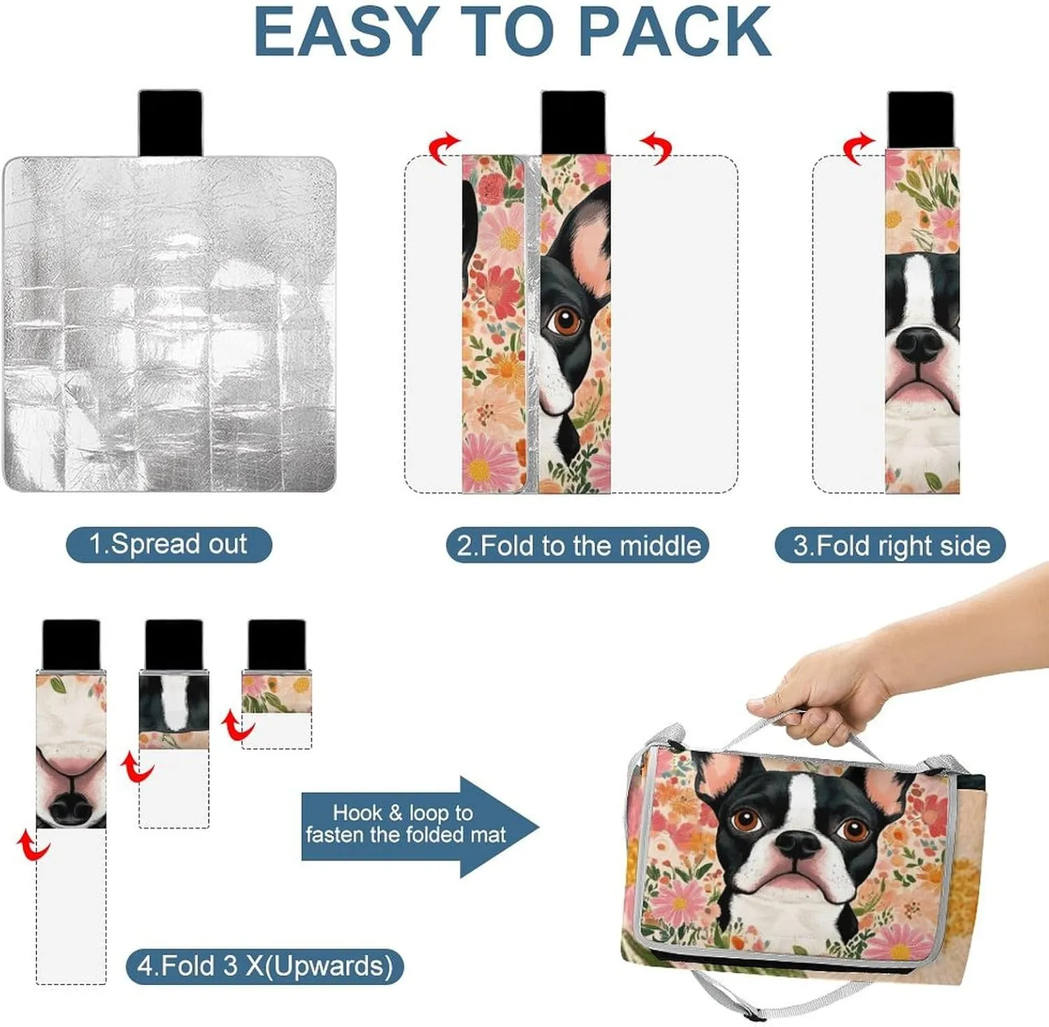 Large Waterproof Mat, Foldable Boston Terrier Floral Blanket for Beach Camping Grass Lawn Park Accessories