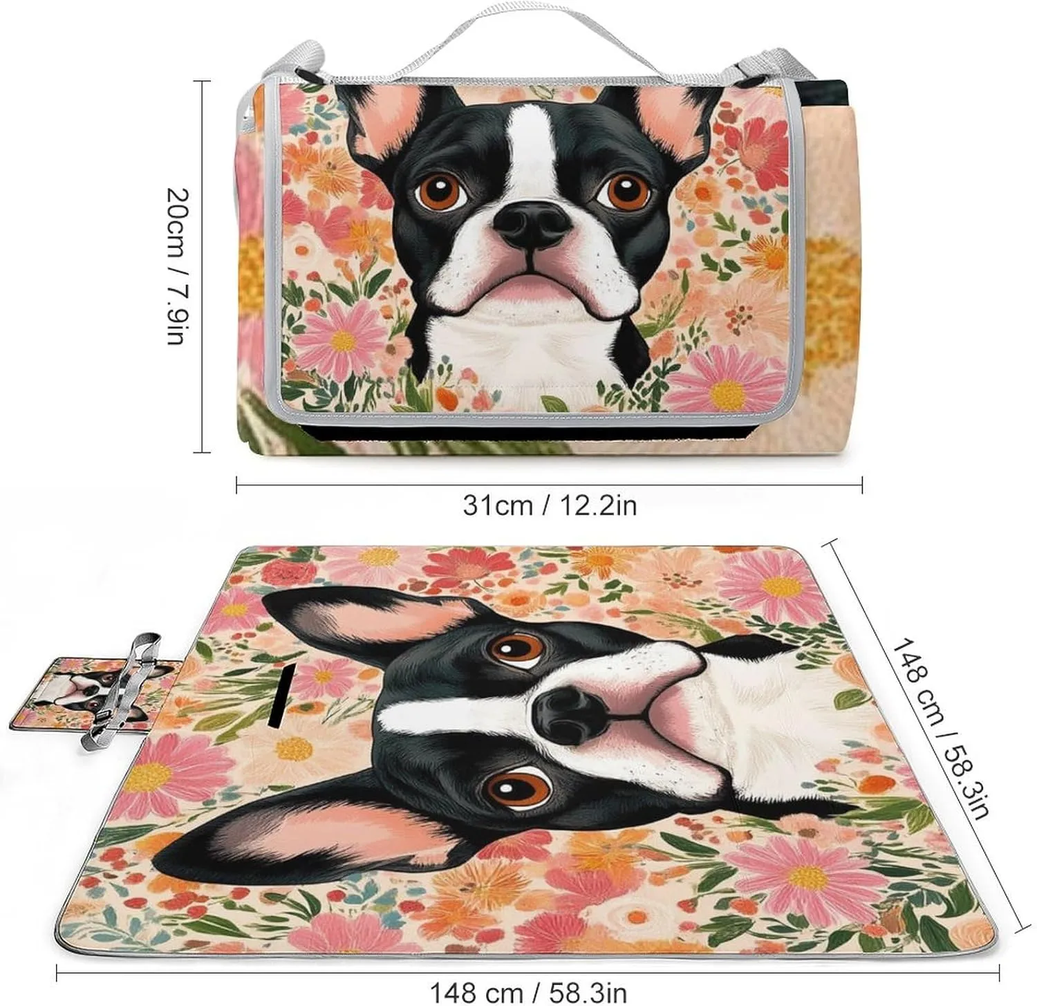 Large Waterproof Mat, Foldable Boston Terrier Floral Blanket for Beach Camping Grass Lawn Park Accessories