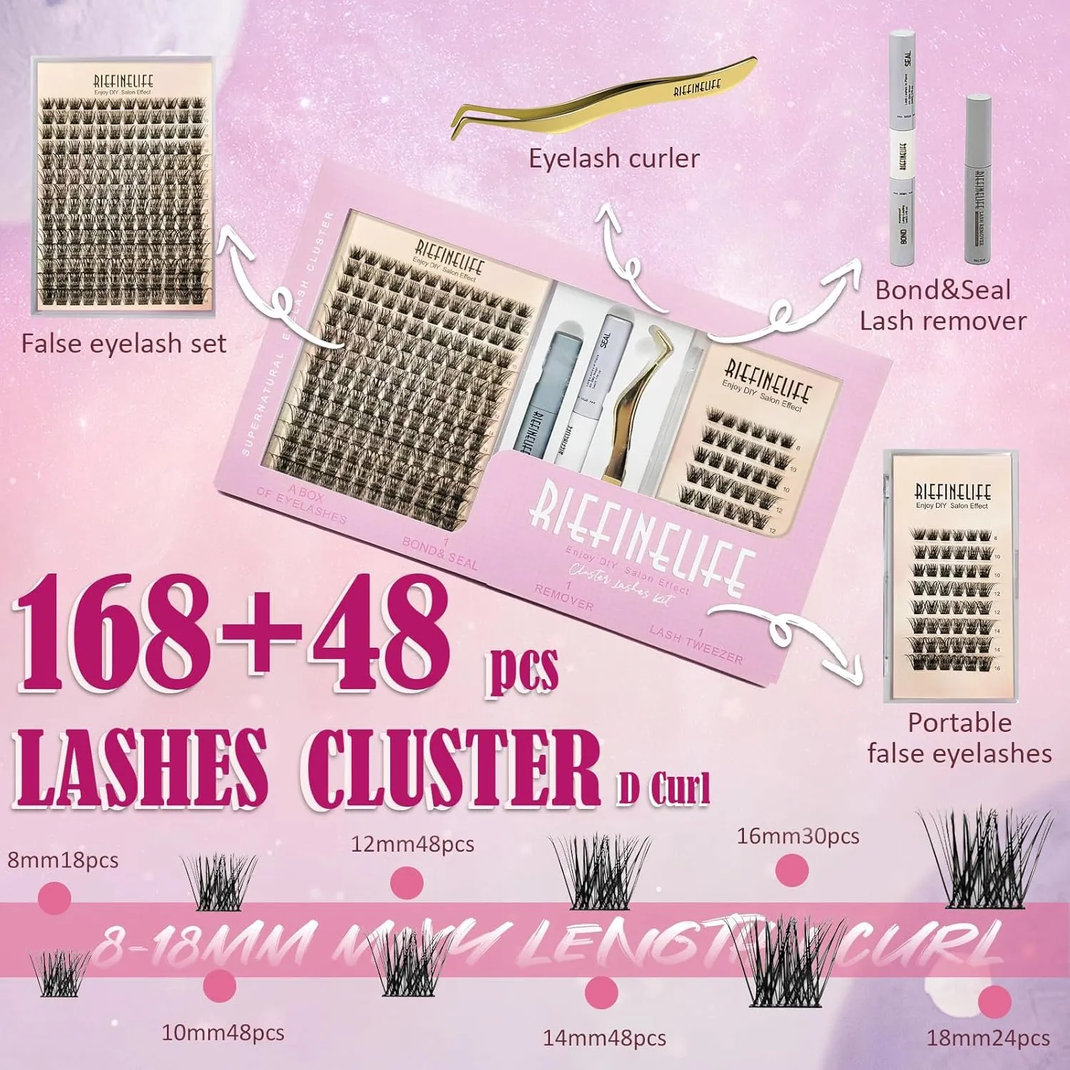Lash Clusters DIY Lash Extensions Kit, 8-18mm ​Cluster Eyelash Extensions Pro Set Individual DIY Lashes Kit with Lash Bond,Lash Remover, Lash Applicator, Lash Tweezers for Self Use (Black-Volume)