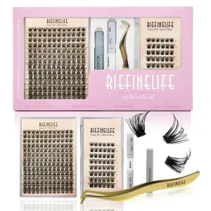 Lash Clusters DIY Lash Extensions Kit, 8-18mm ​Cluster Eyelash Extensions Pro Set Individual DIY Lashes Kit with Lash Bond,Lash Remover, Lash Applicator, Lash Tweezers for Self Use (Black-Volume)
