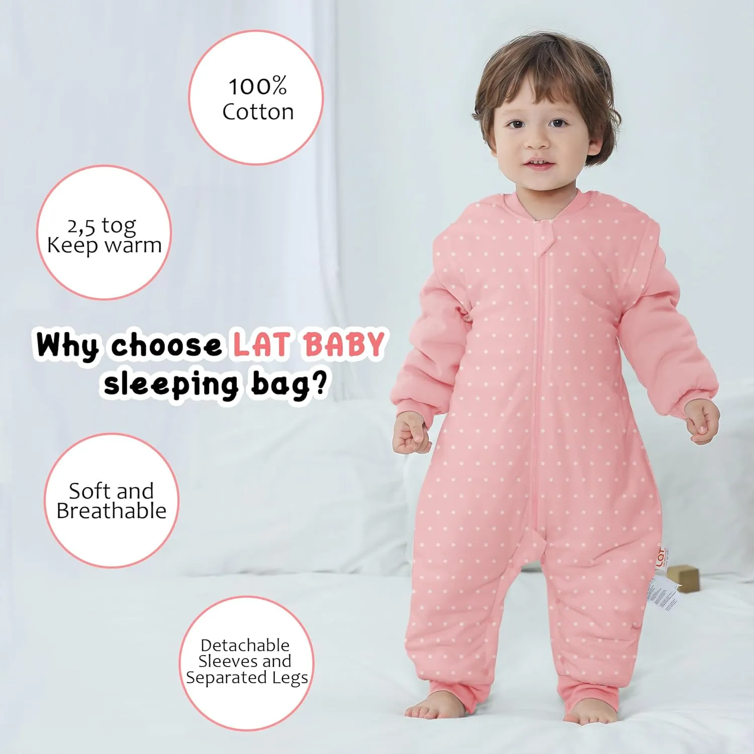 LAT Baby Sleep Bag with Feet Winter, Wearable Blanket, Warm Sack for Toddler Thicken 2.5 TOG-Removable Sleeves