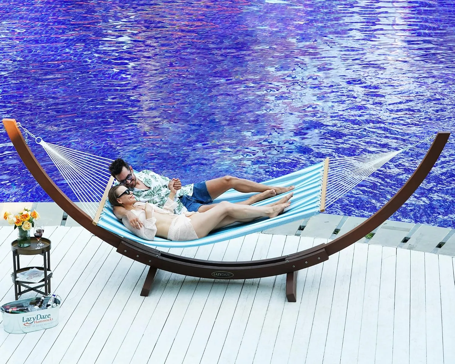 Lazy Daze Hammocks Quick Dry Hammock with Spreader Bar Textliene Fabric Double Outside Hammock with Chains Outdoor Patio Poolside Backyard Beach 450 lbs Capacity, Blue White Stripes
