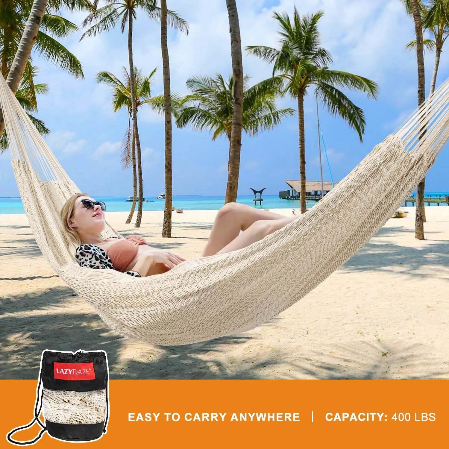 Lazy Daze Hammocks10.5 FT Handwoven Mayan Family Hammock with Portabl Carry Bag and for Outside Outdoor Patio Backyard Poolside, 550 LBS Weight Capacity,Natural