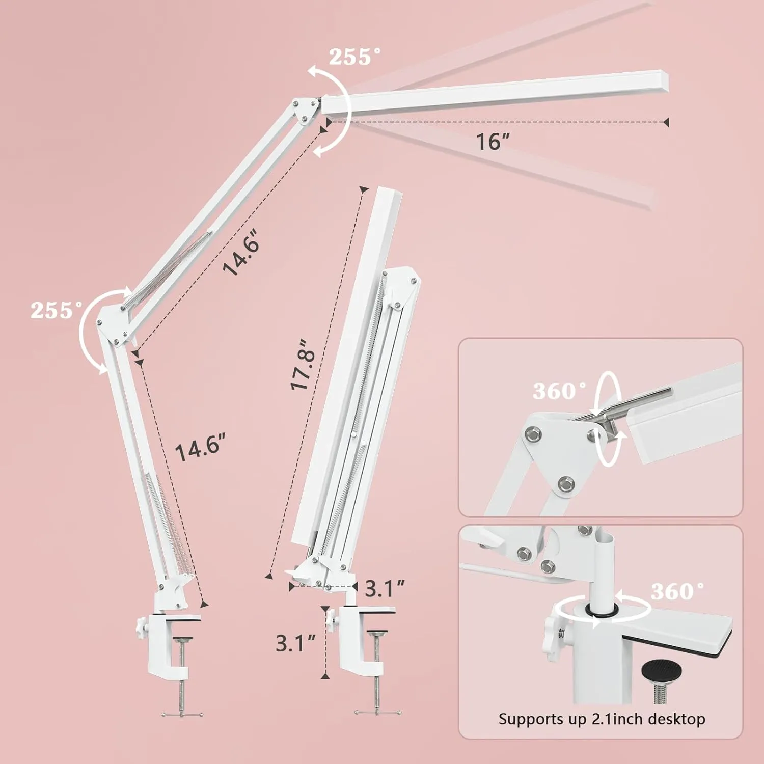 LED Desk Lamp, Manicure Table Lamp, 16" Lamp Head, Dimmable Eye-Caring Drafting Light with 3 Color Modes, 10 Brightness Levels & Adapter, Memory Function(White)