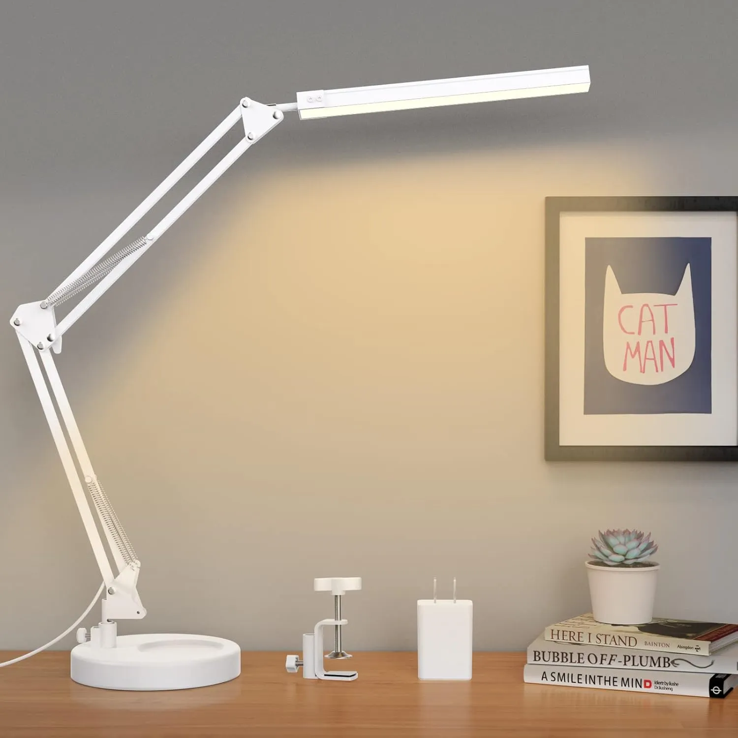 LED Desk Lamp with Clamp and Round Base,Eye Caring Table Lamp with Swing Arm,3 Color Modes 10 Brightness Levels,Memory Function,Desk Light for Home Office with USB Adapter White-14W
