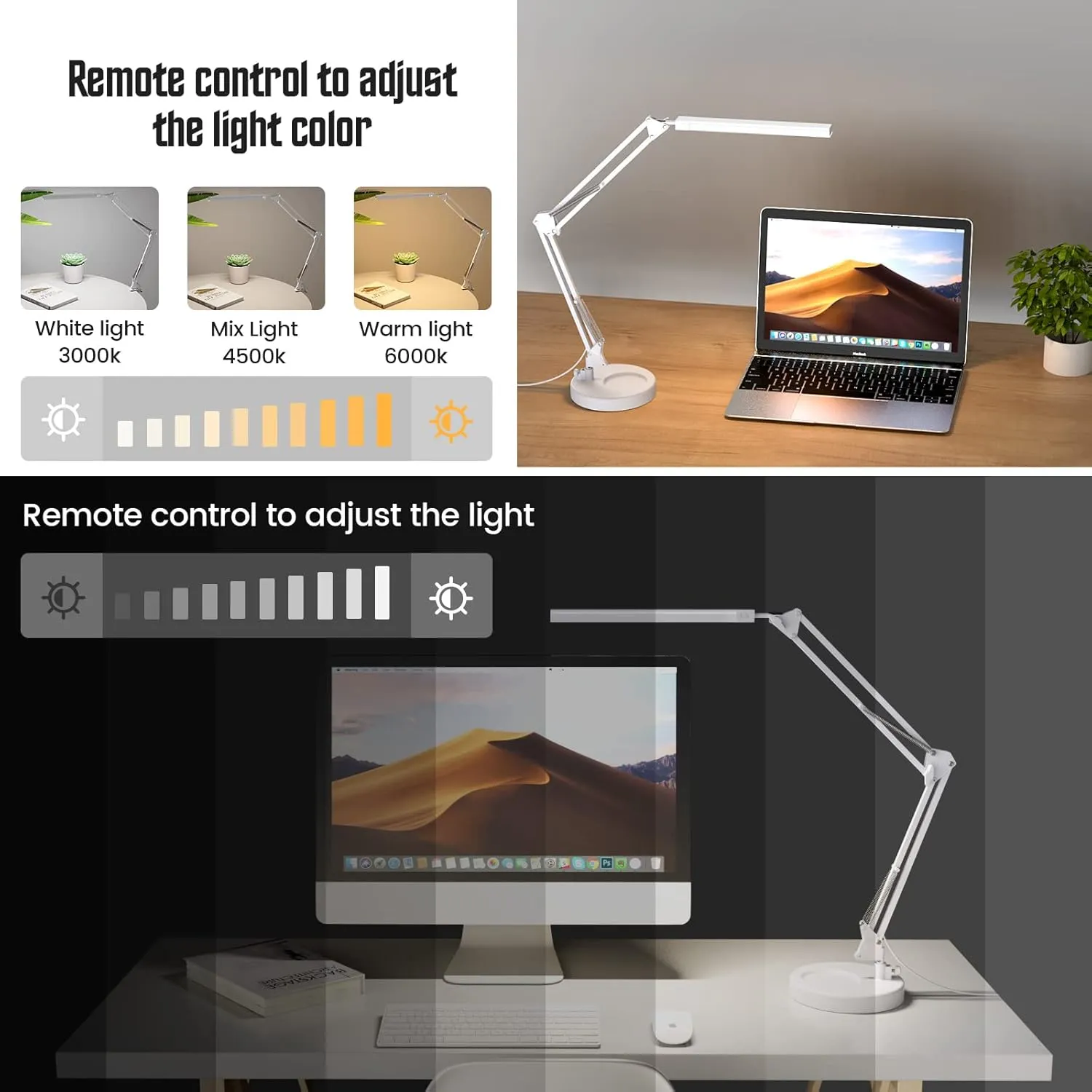 LED Desk Lamp with Clamp and Round Base,Eye Caring Table Lamp with Swing Arm,3 Color Modes 10 Brightness Levels,Memory Function,Desk Light for Home Office with USB Adapter White-14W