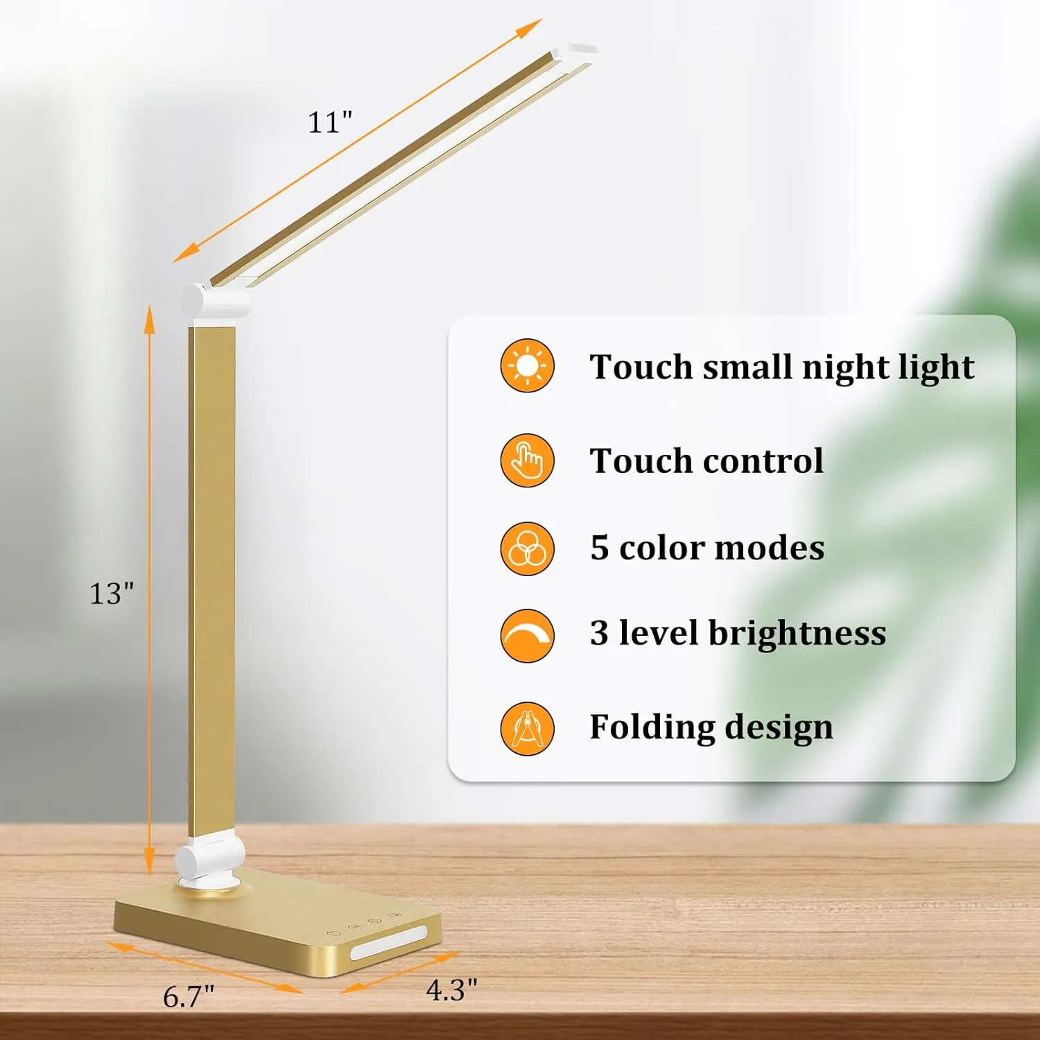 LED Desk Lamp with USB Ports,Touch Desk Lamps for Home Office with 5 Color Modes,3 Brightness Desk Light with Small Night Light,Reading Lamp Table Lamp for Bedroom Bedside Study Gold （with adapter）
