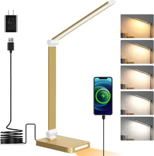 LED Desk Lamp with USB Ports,Touch Desk Lamps for Home Office with 5 Color Modes,3 Brightness Desk Light with Small Night Light,Reading Lamp Table Lamp for Bedroom Bedside Study Gold （with adapter）