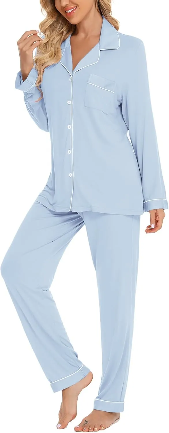Leikar Button Up Pajama Set For Women Long Sleeve Shirt And Pajama Pants Soft Pjs Lounge Sets