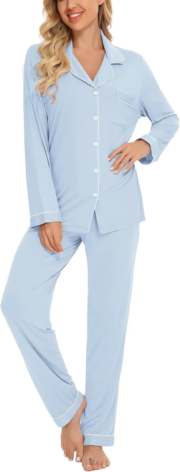Leikar Button Up Pajama Set For Women Long Sleeve Shirt And Pajama Pants Soft Pjs Lounge Sets