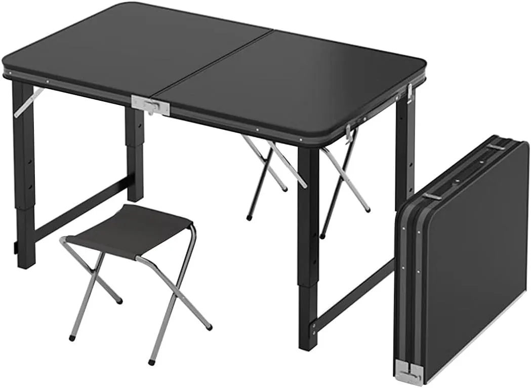 LEIYTFE Camping Essentials Table with Stool Set,100x50 Aluminum Table Folding Stools Set,Height Adjustable for Patio,Picnic,Beach(Black,Table 2Chairs)