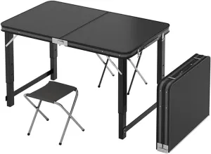 LEIYTFE Camping Essentials Table with Stool Set,100x50 Aluminum Table Folding Stools Set,Height Adjustable for Patio,Picnic,Beach(Black,Table 2Chairs)