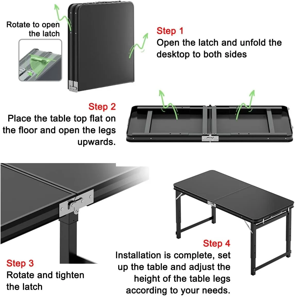 LEIYTFE Camping Essentials Table with Stool Set,100x50 Aluminum Table Folding Stools Set,Height Adjustable for Patio,Picnic,Beach(Black,Table 2Chairs)
