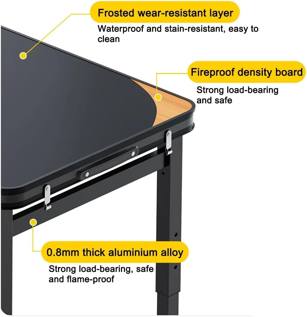 LEIYTFE Camping Essentials Table with Stool Set,100x50 Aluminum Table Folding Stools Set,Height Adjustable for Patio,Picnic,Beach(Black,Table 2Chairs)