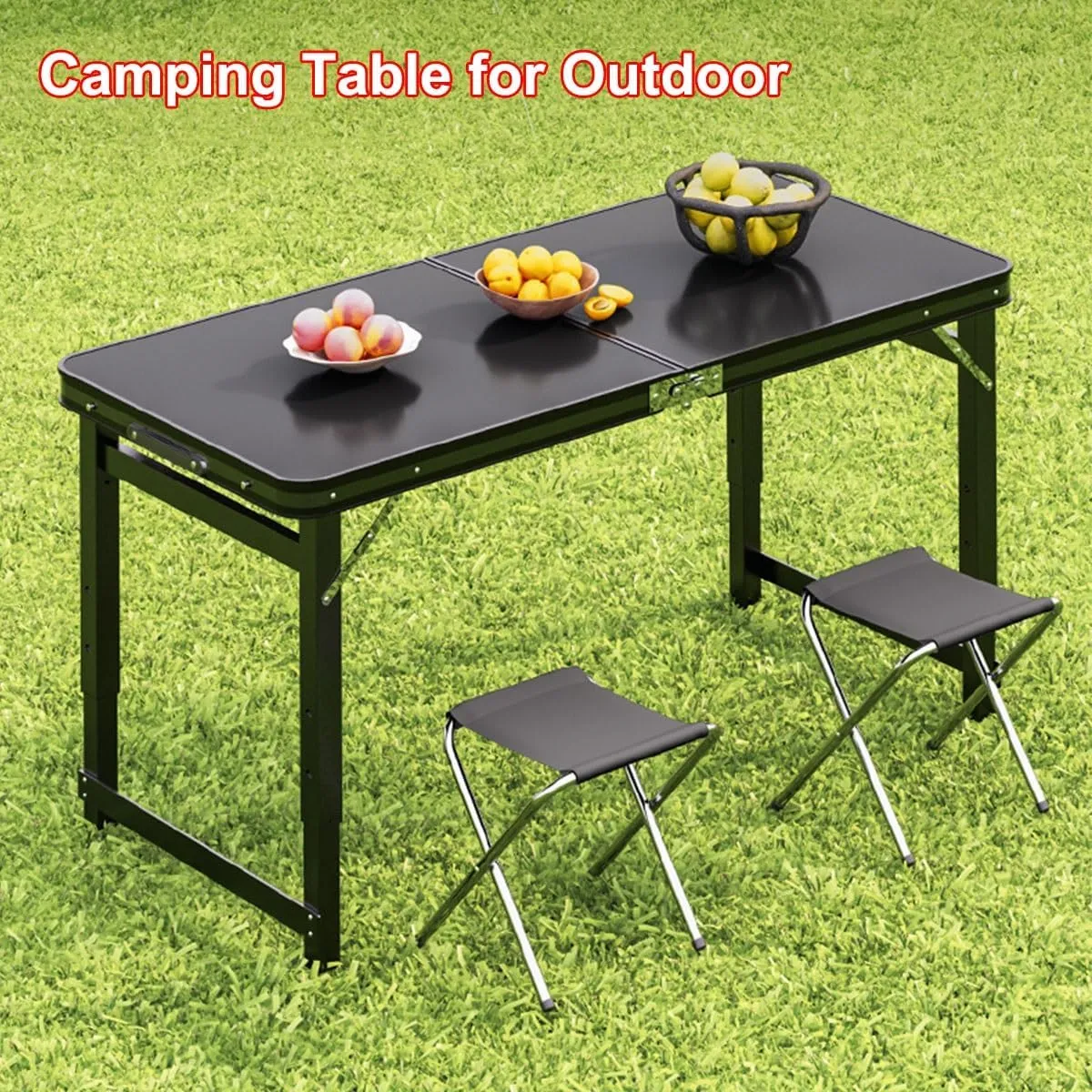 LEIYTFE Camping Essentials Table with Stool Set,100x50 Aluminum Table Folding Stools Set,Height Adjustable for Patio,Picnic,Beach(Black,Table 2Chairs)