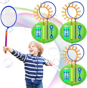 Lenwen 3 Sets Summer Giant Bubble Wands Set Big Bubble Maker Kit Large Bubble Wands Gigantic Bubbles Maker with Bubble Refill and Tray for School Birthday Outdoor Playtime Fun Activity Party Favors