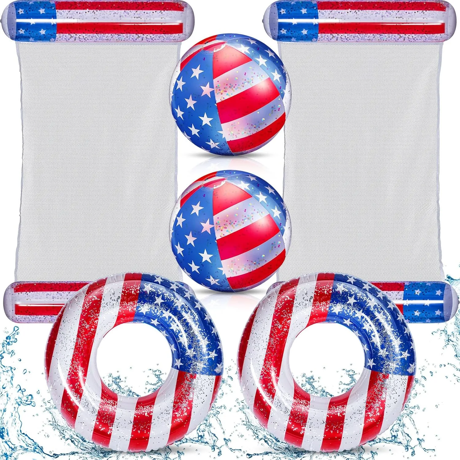Lewtemi 6pcs 4th of July Inflatable Pool Float Set with 2 Pcs Patriotic USA Flag Fun Lounger 2 Pcs Patriotic Swim Ring 2 Pcs Beach Ball Filled with Sparkle Stars for Beach Independence Day Party