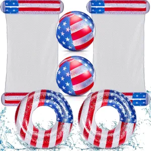 Lewtemi 6pcs 4th of July Inflatable Pool Float Set with 2 Pcs Patriotic USA Flag Fun Lounger 2 Pcs Patriotic Swim Ring 2 Pcs Beach Ball Filled with Sparkle Stars for Beach Independence Day Party