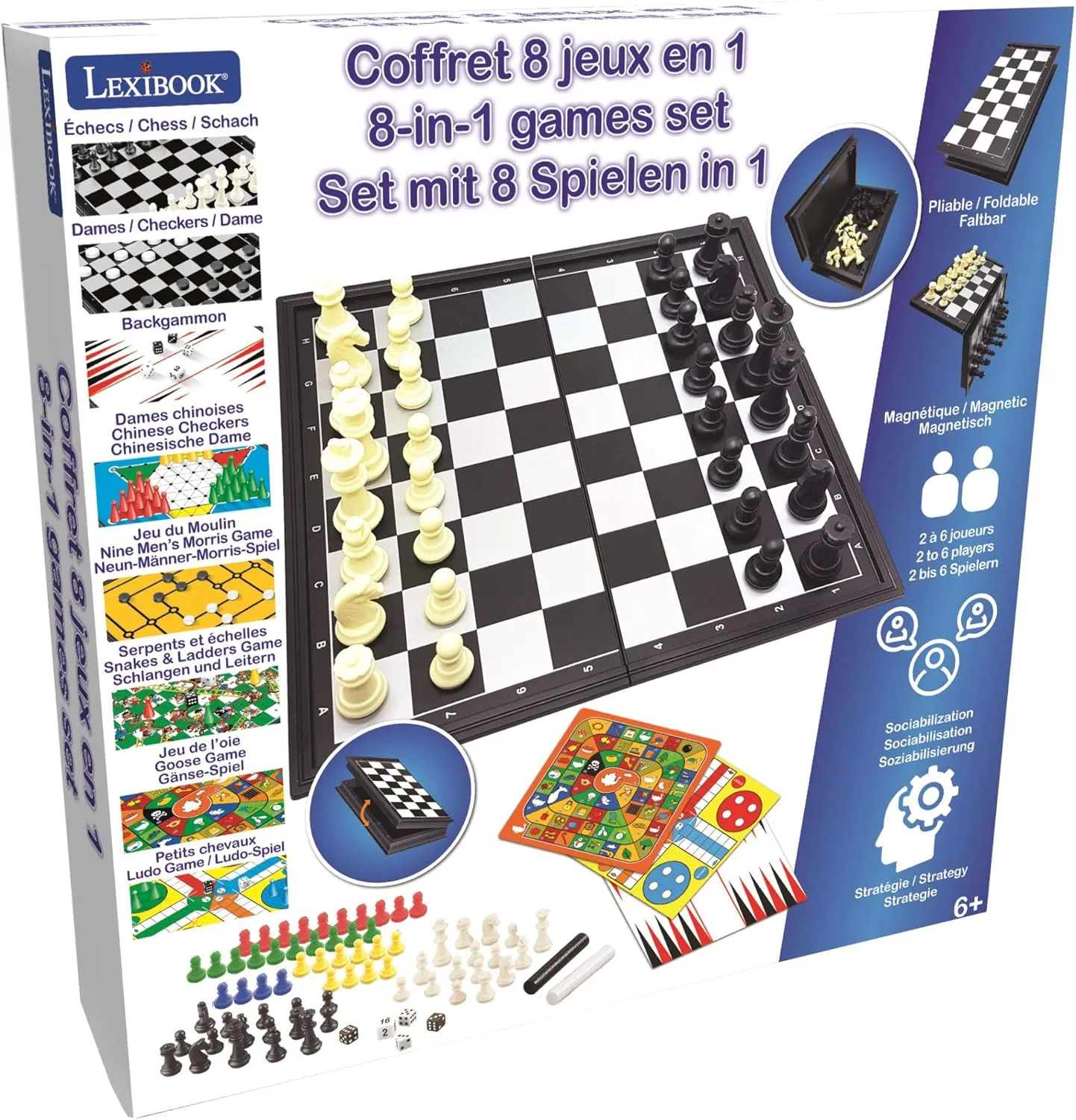 LEXiBOOK , 8-in-1 Games Set, Chess, Checkers, Backgammon, Chinese Checkers, Nine Men's Morris Game, Snakes & Ladders Game, Goose Game, Ludo Game, JGM800