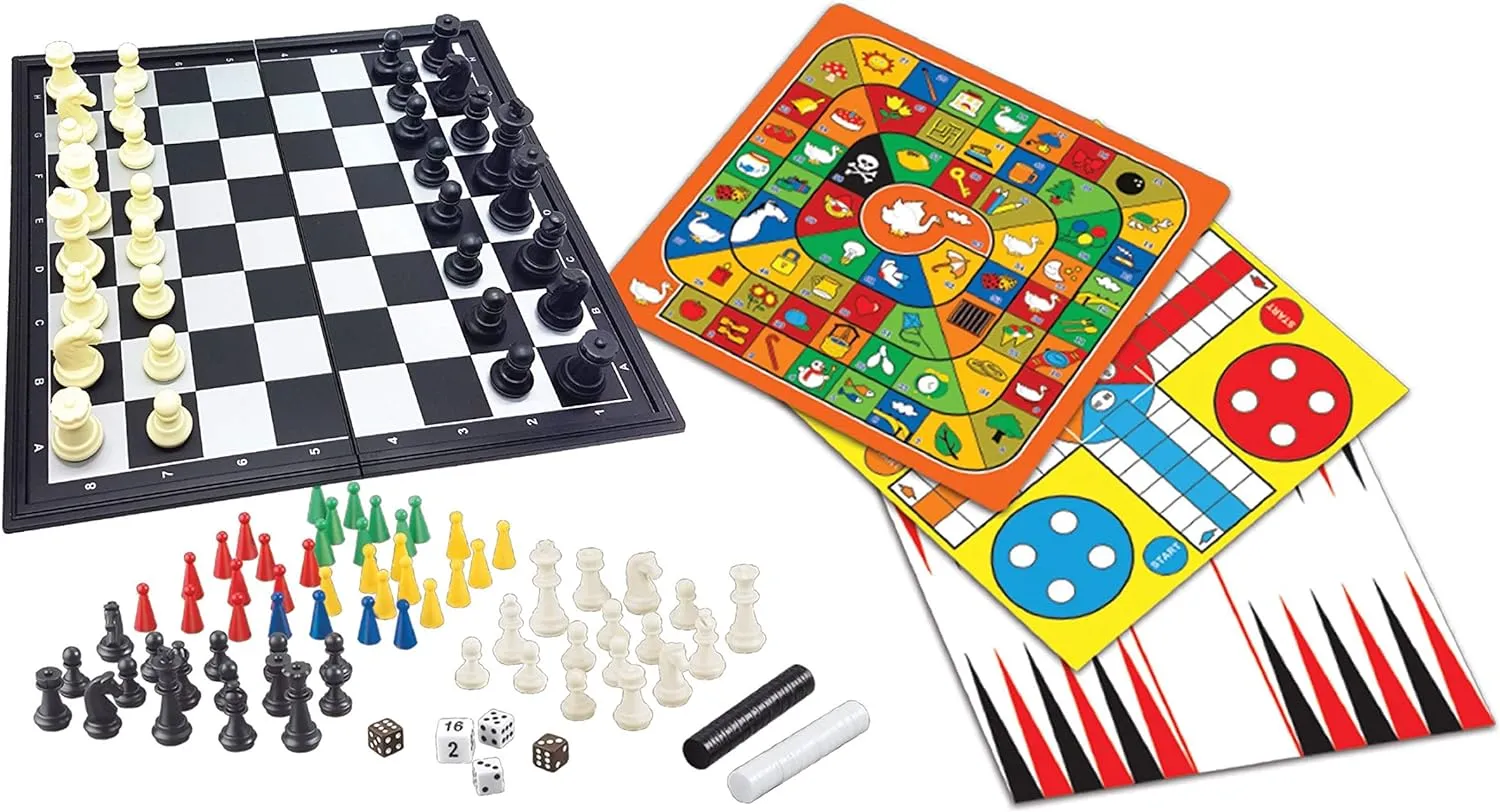 LEXiBOOK , 8-in-1 Games Set, Chess, Checkers, Backgammon, Chinese Checkers, Nine Men's Morris Game, Snakes & Ladders Game, Goose Game, Ludo Game, JGM800
