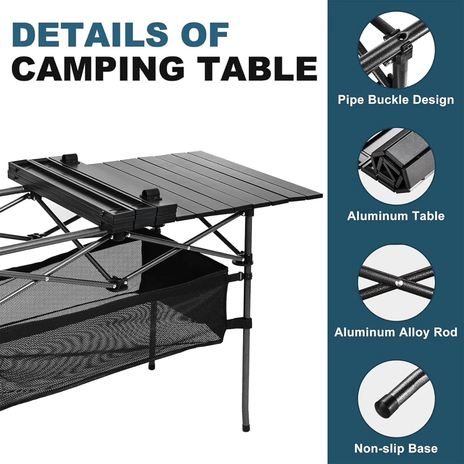 Lightweight Aluminum Folding Camping Table Compact Roll Up Design with Carrying Bag for Indoor and Outdoor Use, Perfect for Backyard BBQs, Picnics, Beach Days, Parties Black
