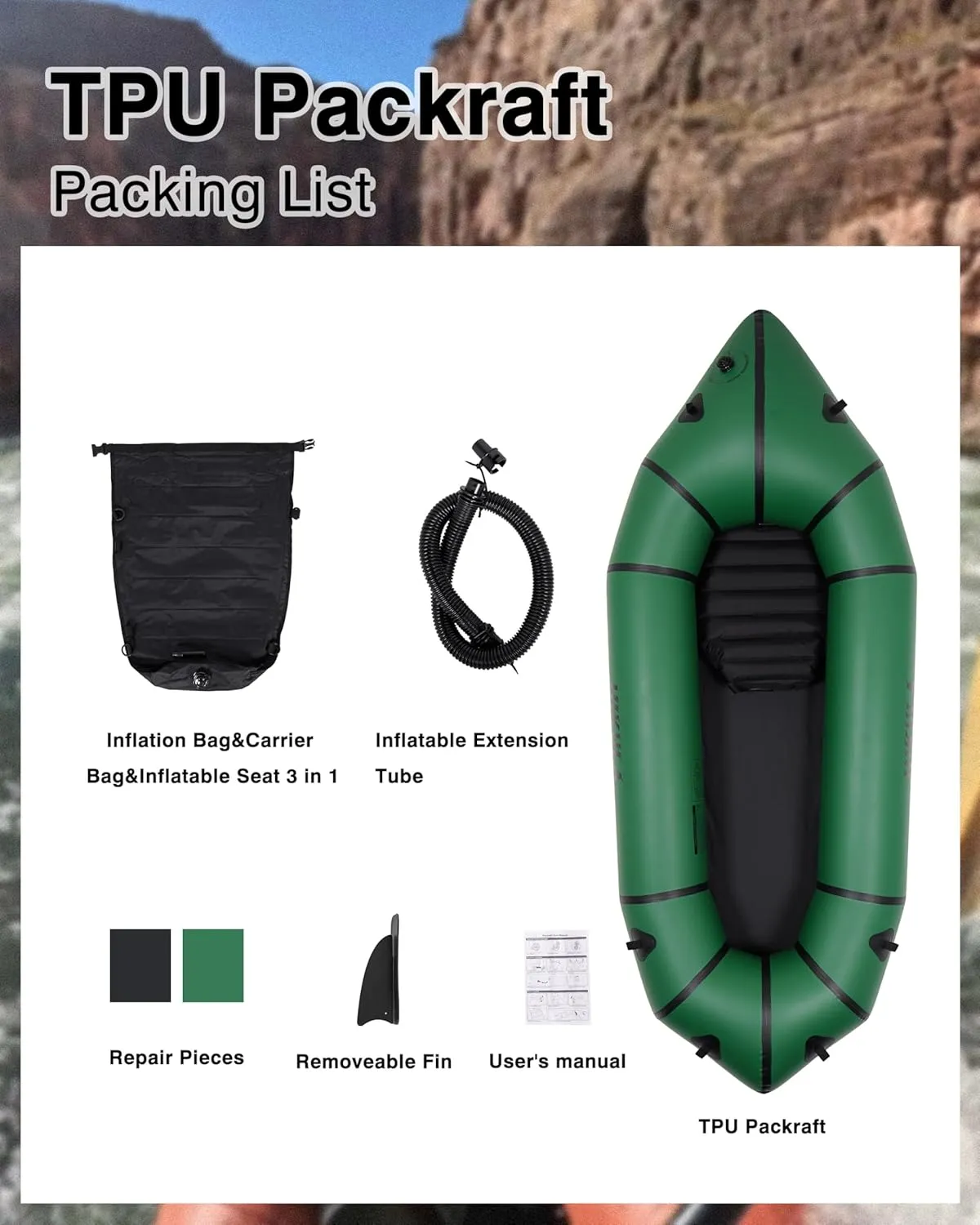 Lightweight Packraft TPU - Inflatable Kayak for Adults & Kids, Durable, Compact, Rapid Inflate, for Flat Water Rafting, Bicycle Drifting, Litewater Dinghy
