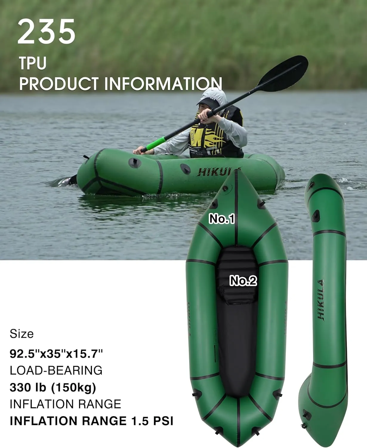Lightweight Packraft TPU - Inflatable Kayak for Adults & Kids, Durable, Compact, Rapid Inflate, for Flat Water Rafting, Bicycle Drifting, Litewater Dinghy
