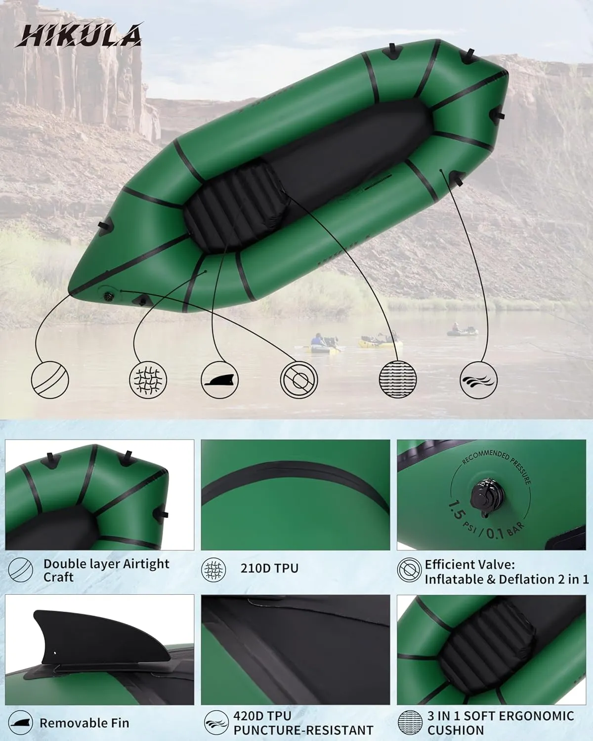 Lightweight Packraft TPU - Inflatable Kayak for Adults & Kids, Durable, Compact, Rapid Inflate, for Flat Water Rafting, Bicycle Drifting, Litewater Dinghy