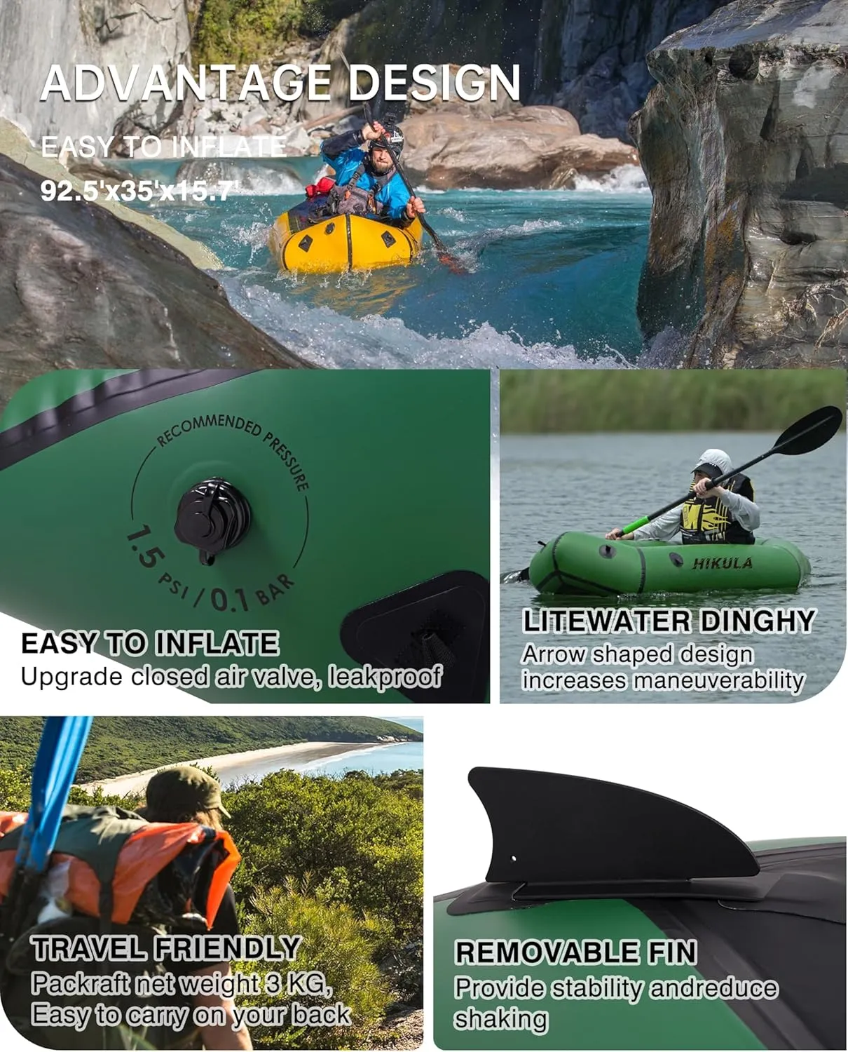 Lightweight Packraft TPU - Inflatable Kayak for Adults & Kids, Durable, Compact, Rapid Inflate, for Flat Water Rafting, Bicycle Drifting, Litewater Dinghy