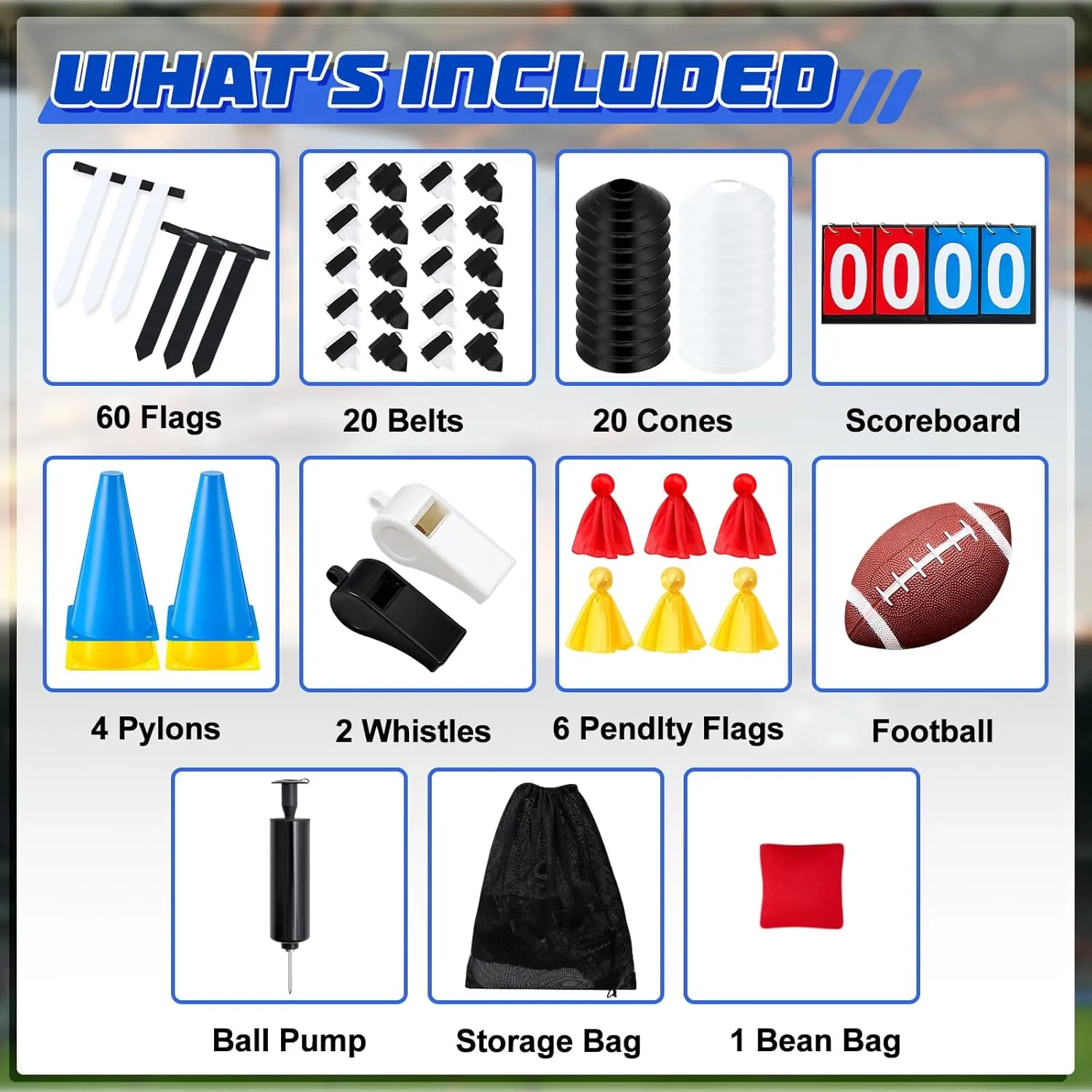Liliful 20 Player Football Penalty Flags Set, Includes 1 Rugby 20 Adjustable Flag Belts 2 Whistles and Carrying Bag for Adult