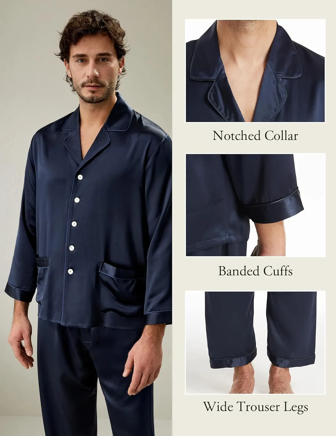 LilySilk 22 Momme Men's Silk Long Pajamas Set for Men 2pc Sleepwear Soft Luxury Real Mulberry Silk